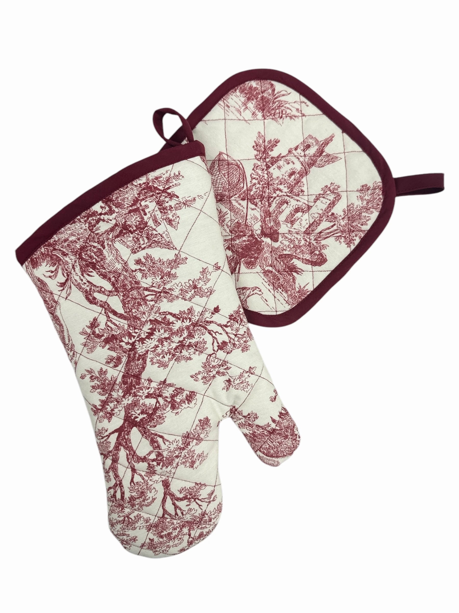 TOILE DE JOUY OVEN MITT & POT HOLDER SET BURGUNDY