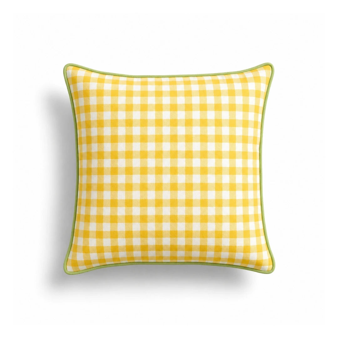 Yellow Pitikare Cushion Cover with Green Piping