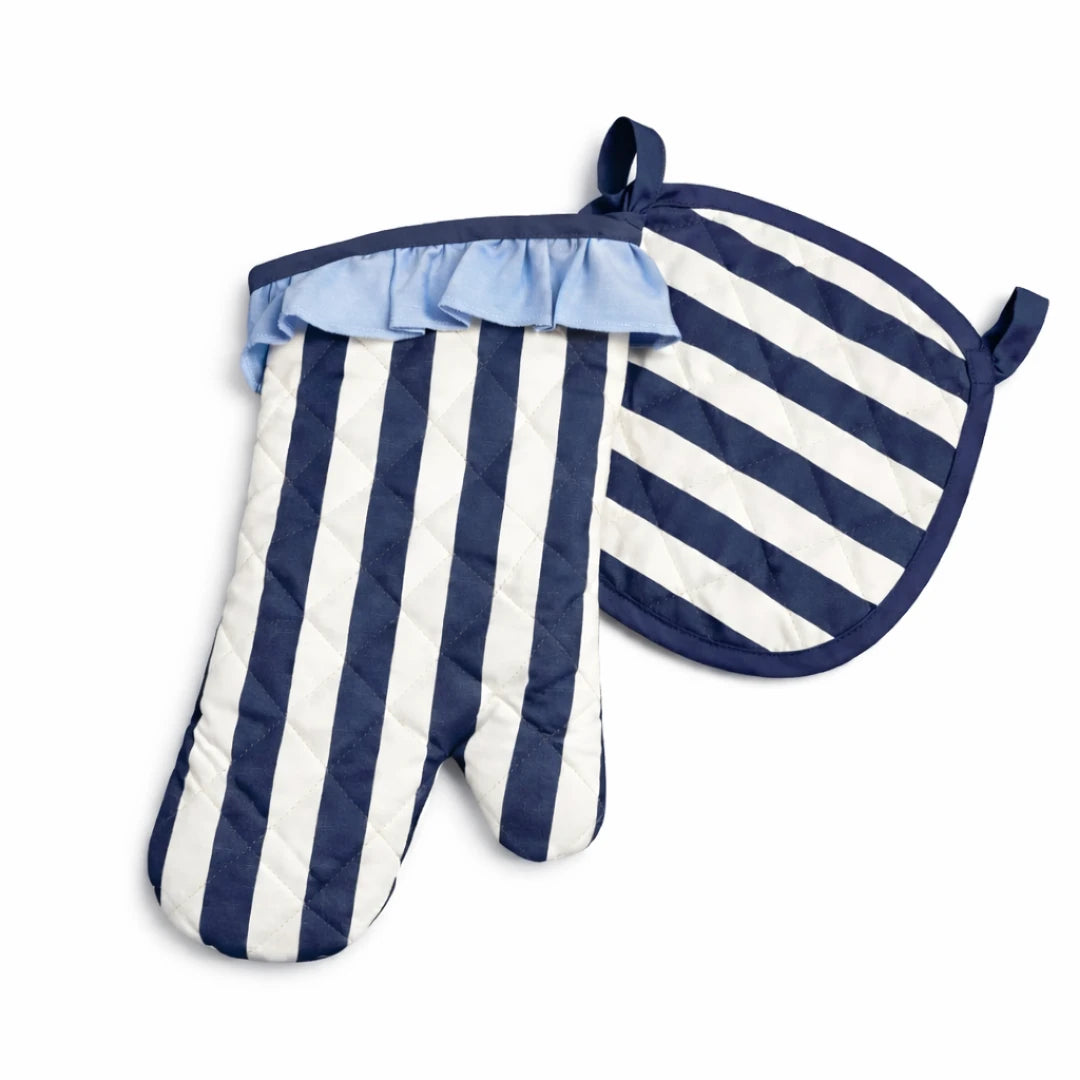 STRIPED OVEN MITT & POT HOLDER SET NAVY