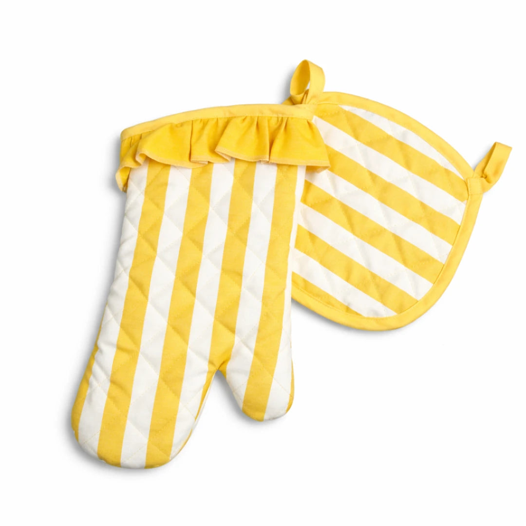 STRIPED OVEN MITT & POT HOLDER SET YELLOW