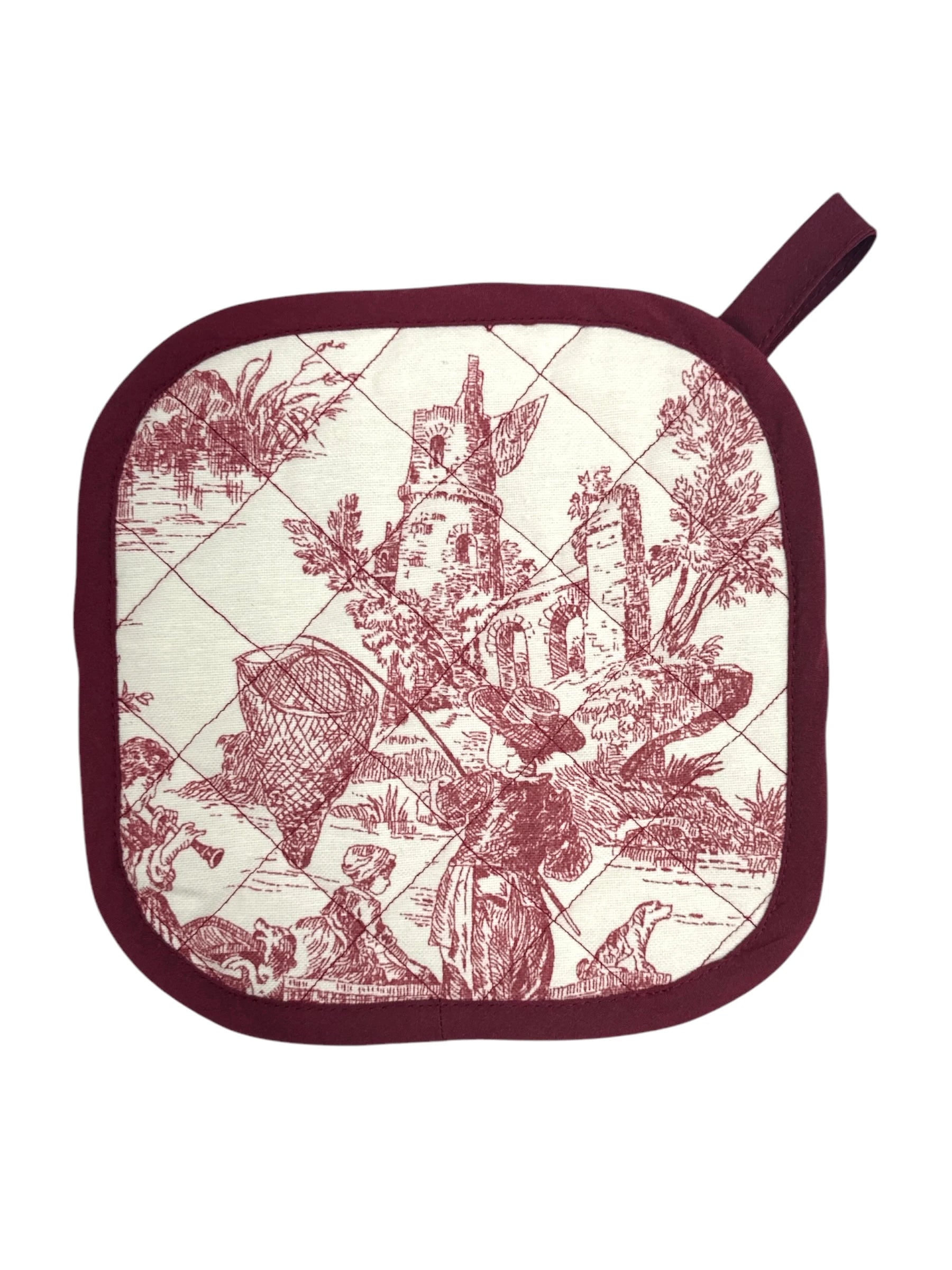 TOILE DE JOUY OVEN MITT & POT HOLDER SET BURGUNDY
