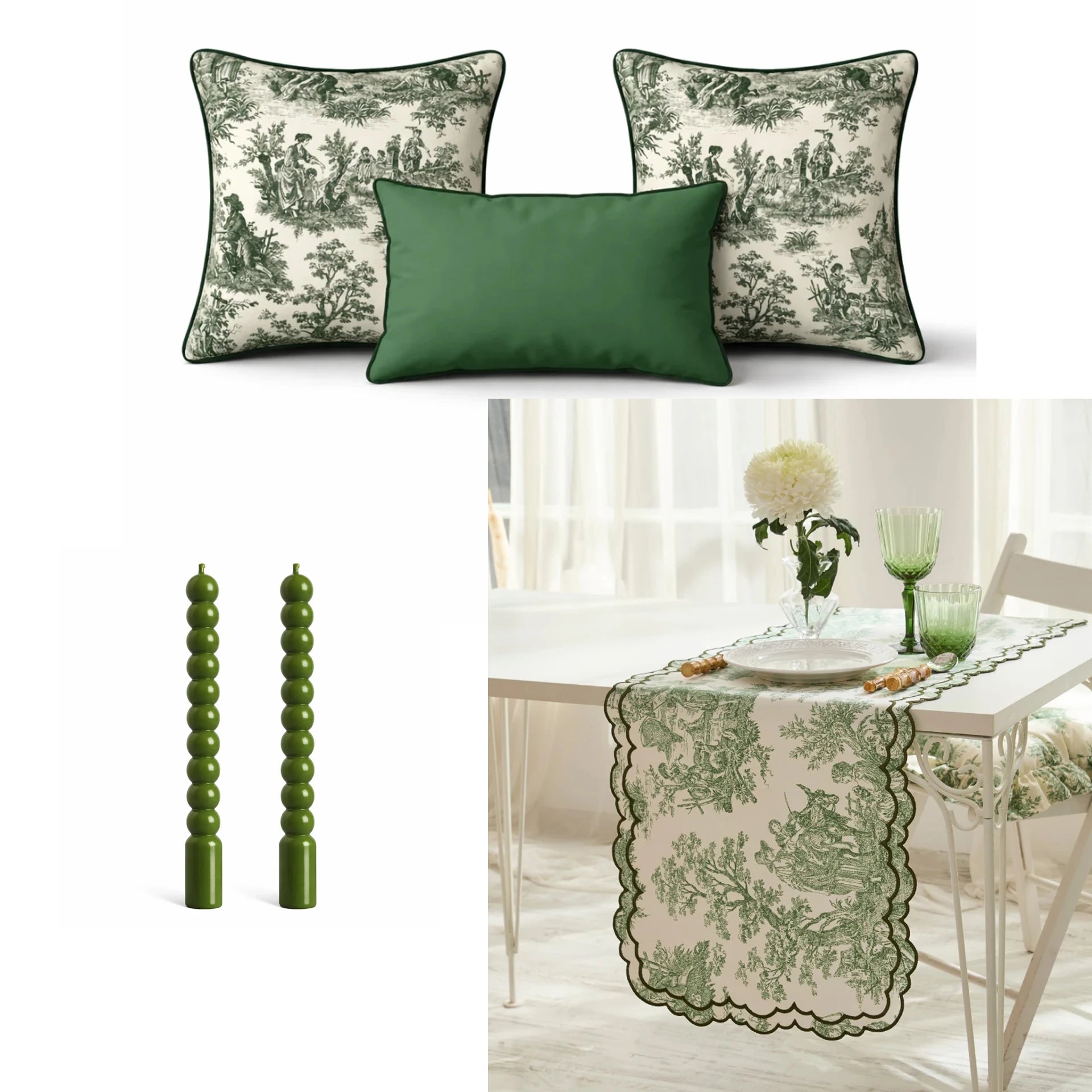 Toile de Jouy Runner, Cushion Cover & Candle Set