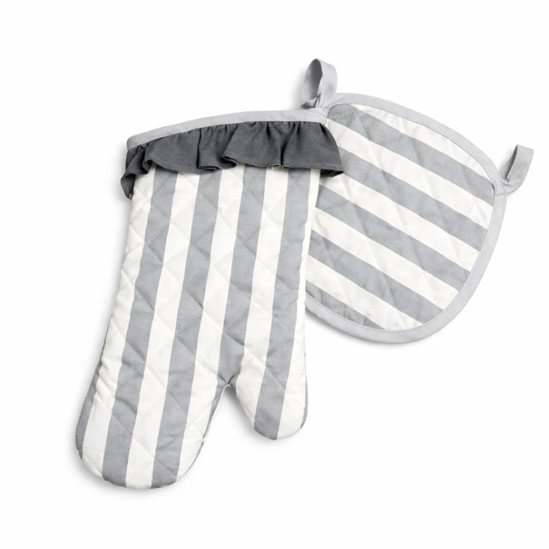 STRIPED OVEN MITT & POT HOLDER SET GRAY