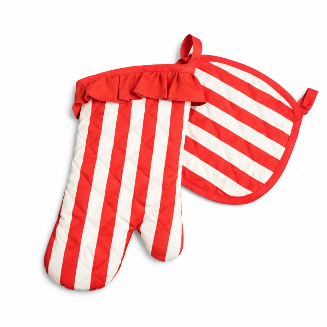 STRIPED OVEN MITT & POT HOLDER SET RED