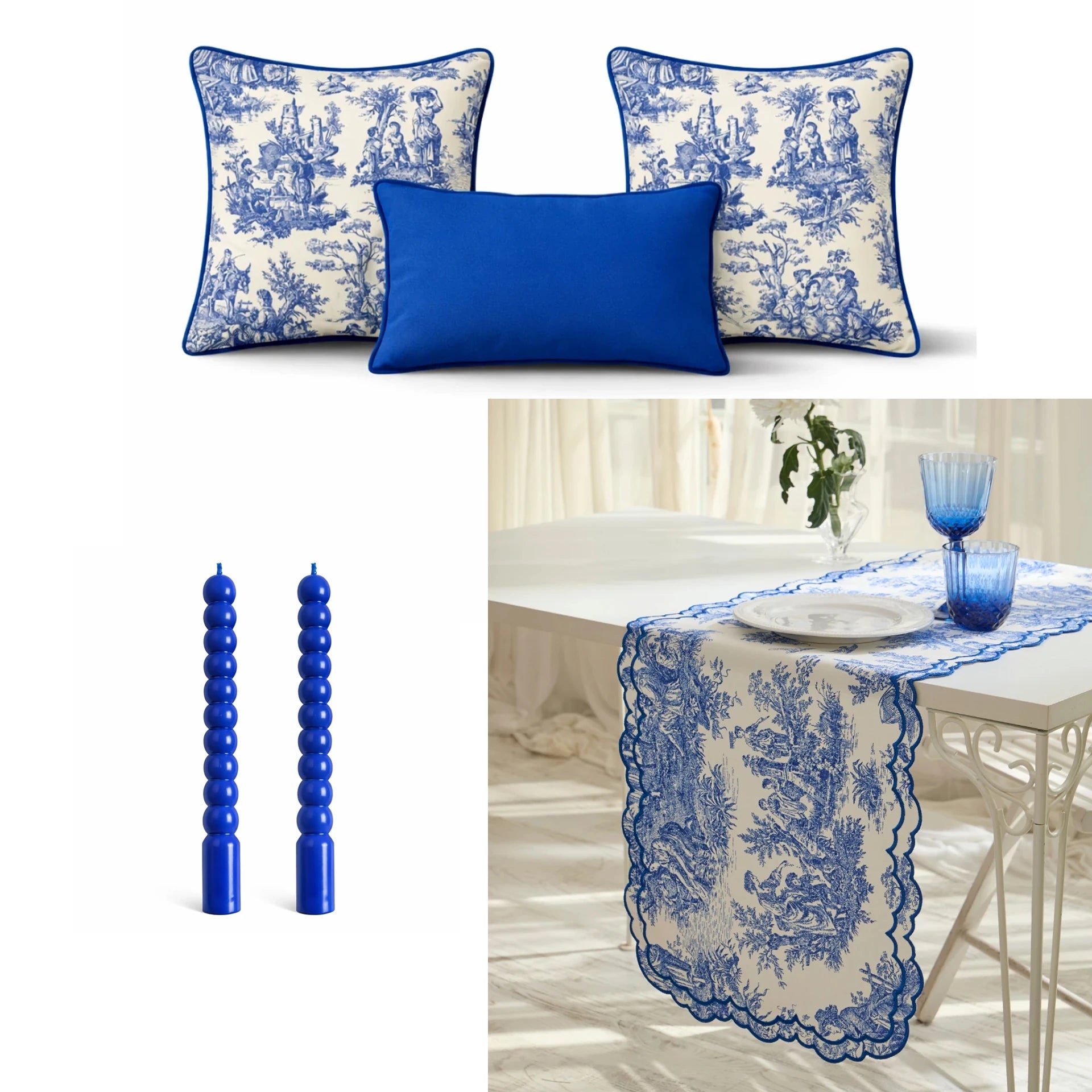 Toile de Jouy Runner, Cushion Cover & Candle Set