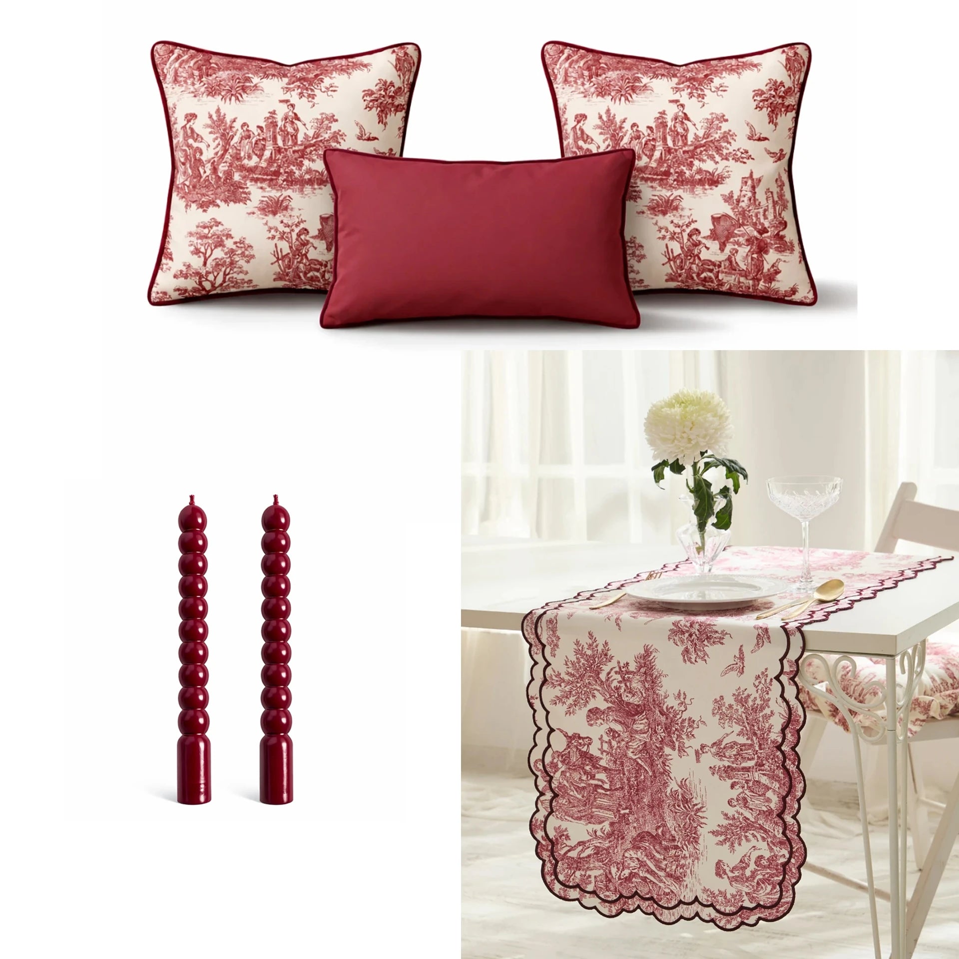 Toile de Jouy Runner, Cushion Cover & Candle Set