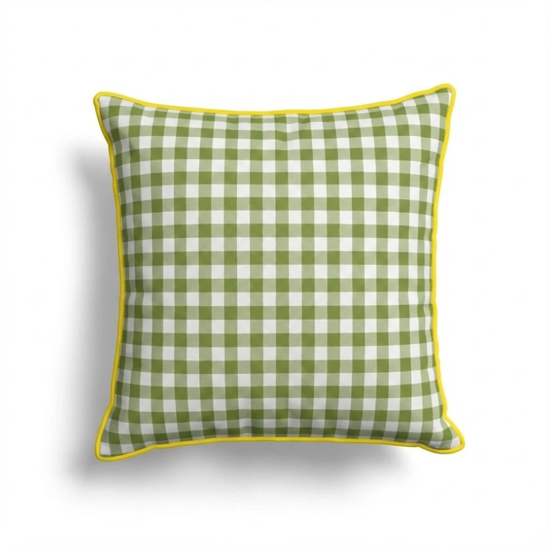 Green Pitikare (Grid-Quilted) Cushion Cover with Yellow Piping