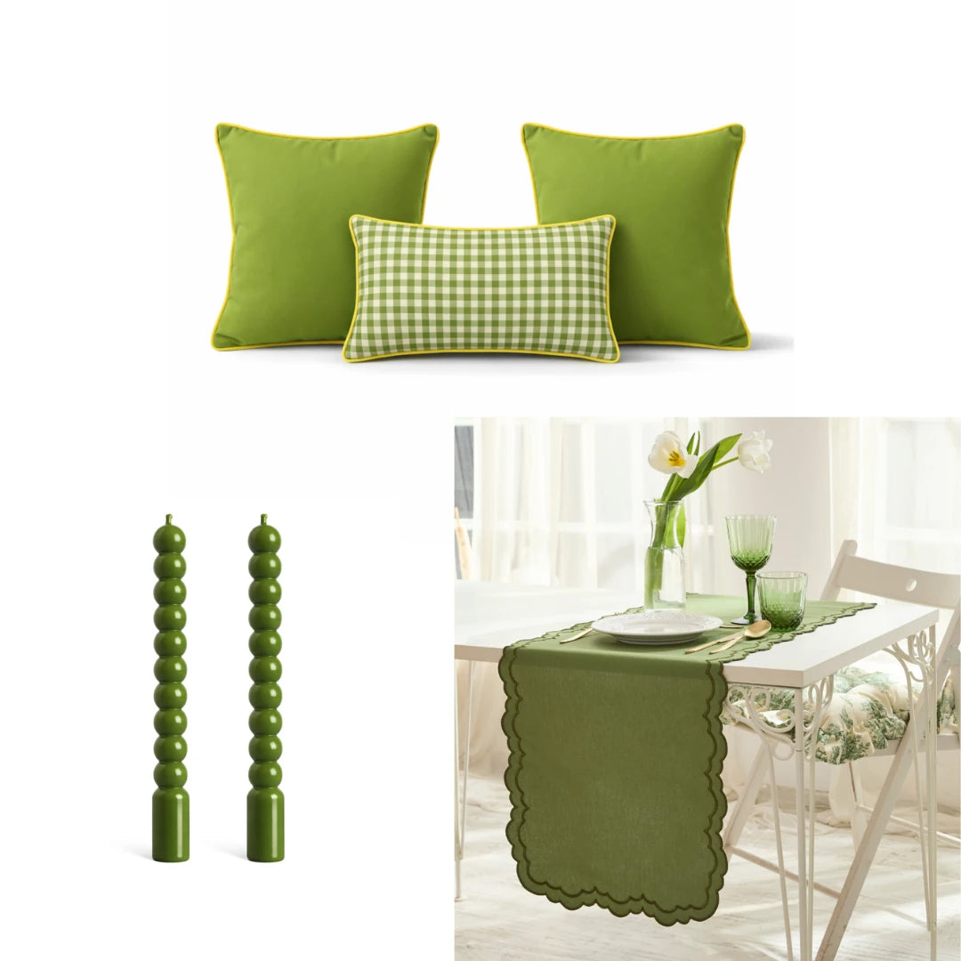 Green Pitikare Runner, Cushion Cover & Candle Set