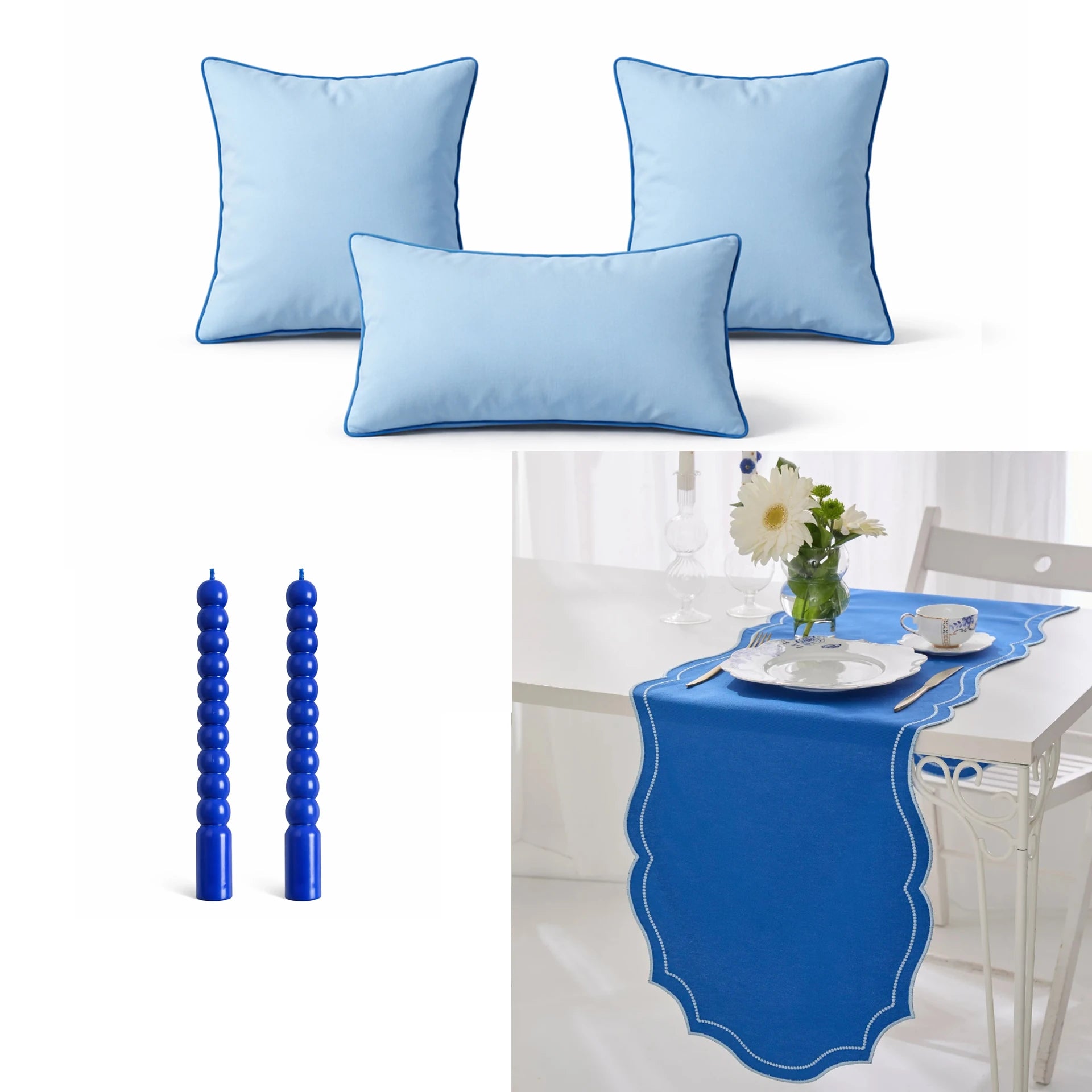 Blue Royal Runner, Cushion Cover & Candle Set