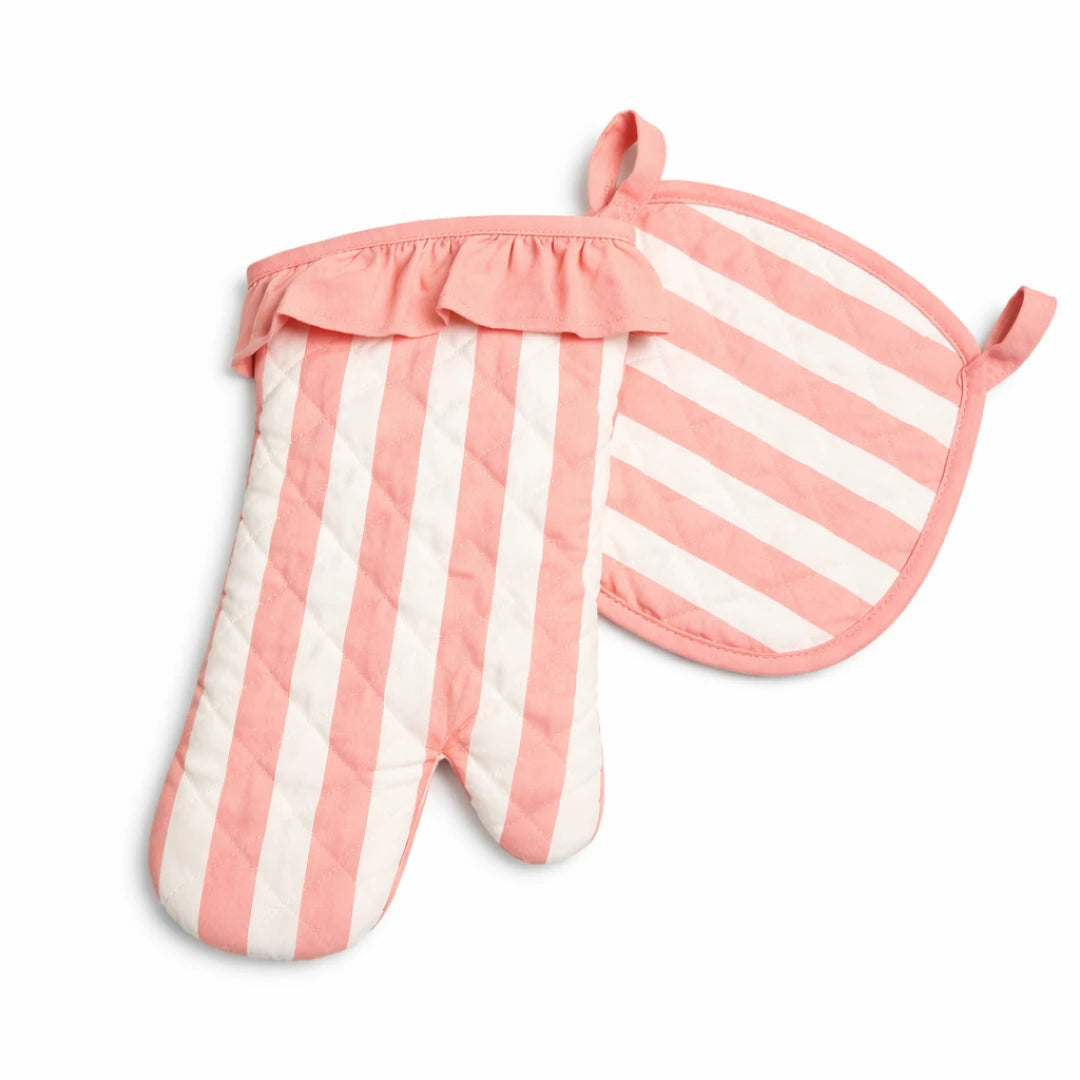 STRIPED OVEN MITT & POT HOLDER SET PINK