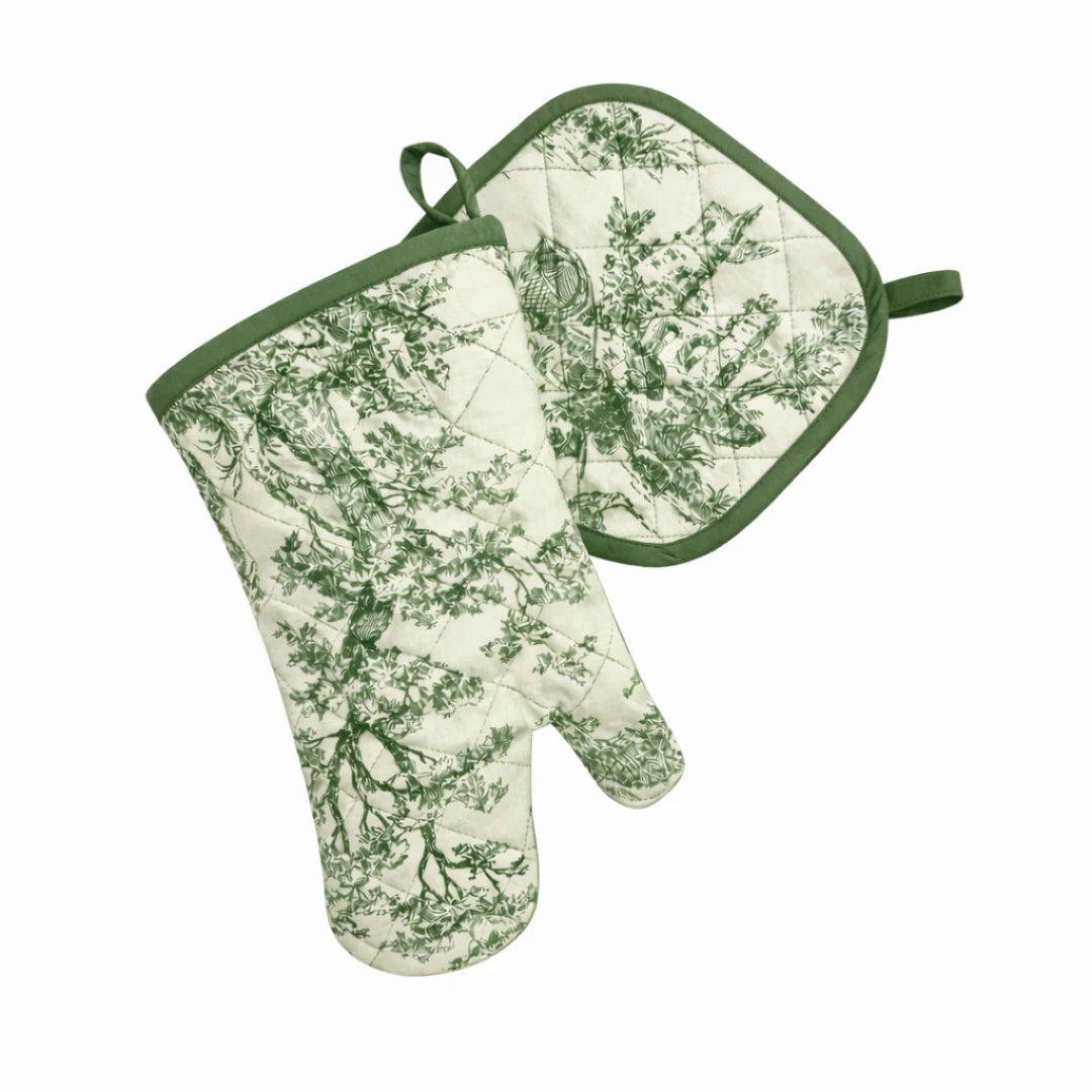 TOILE DE JOUY OVEN MITT & POT HOLDER SET GREEN