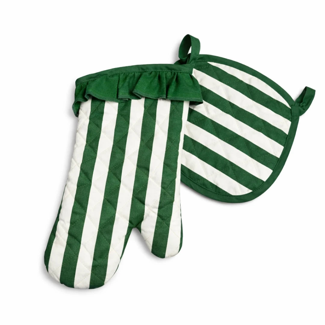 STRIPED OVEN MITT & POT HOLDER SET GREEN