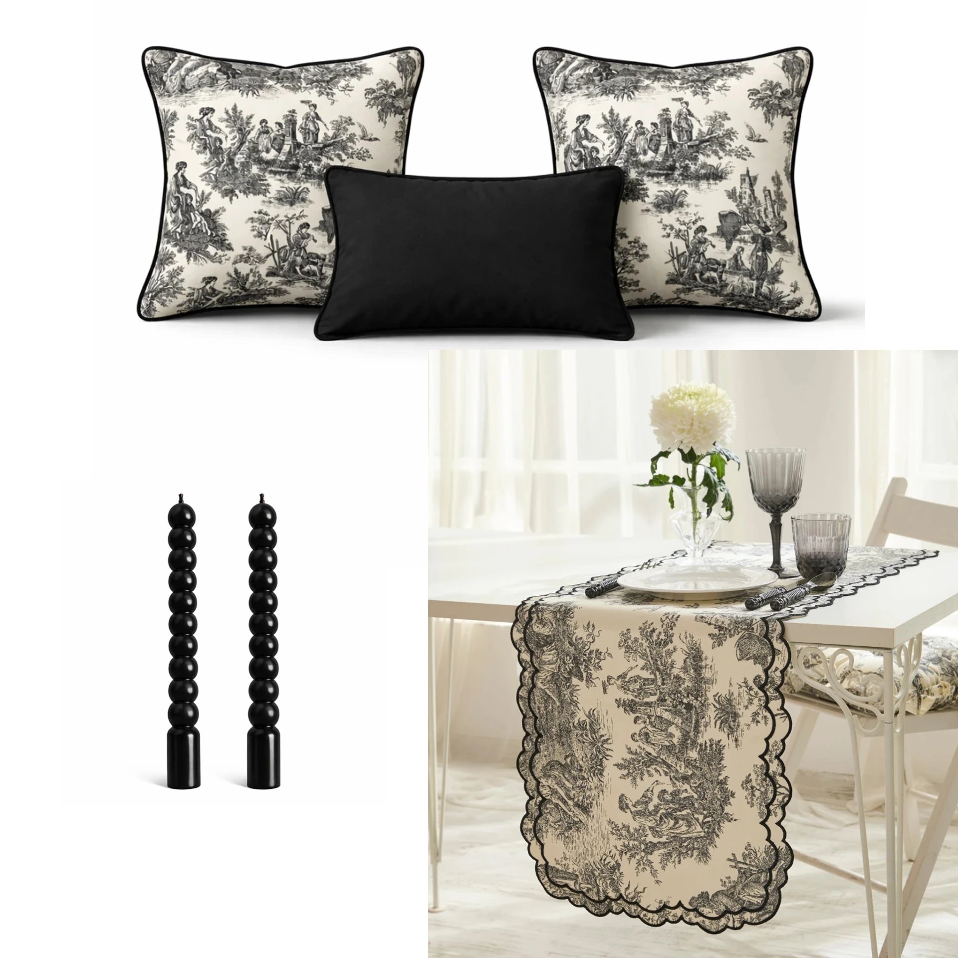 Toile de Jouy Runner, Cushion Cover & Candle Set