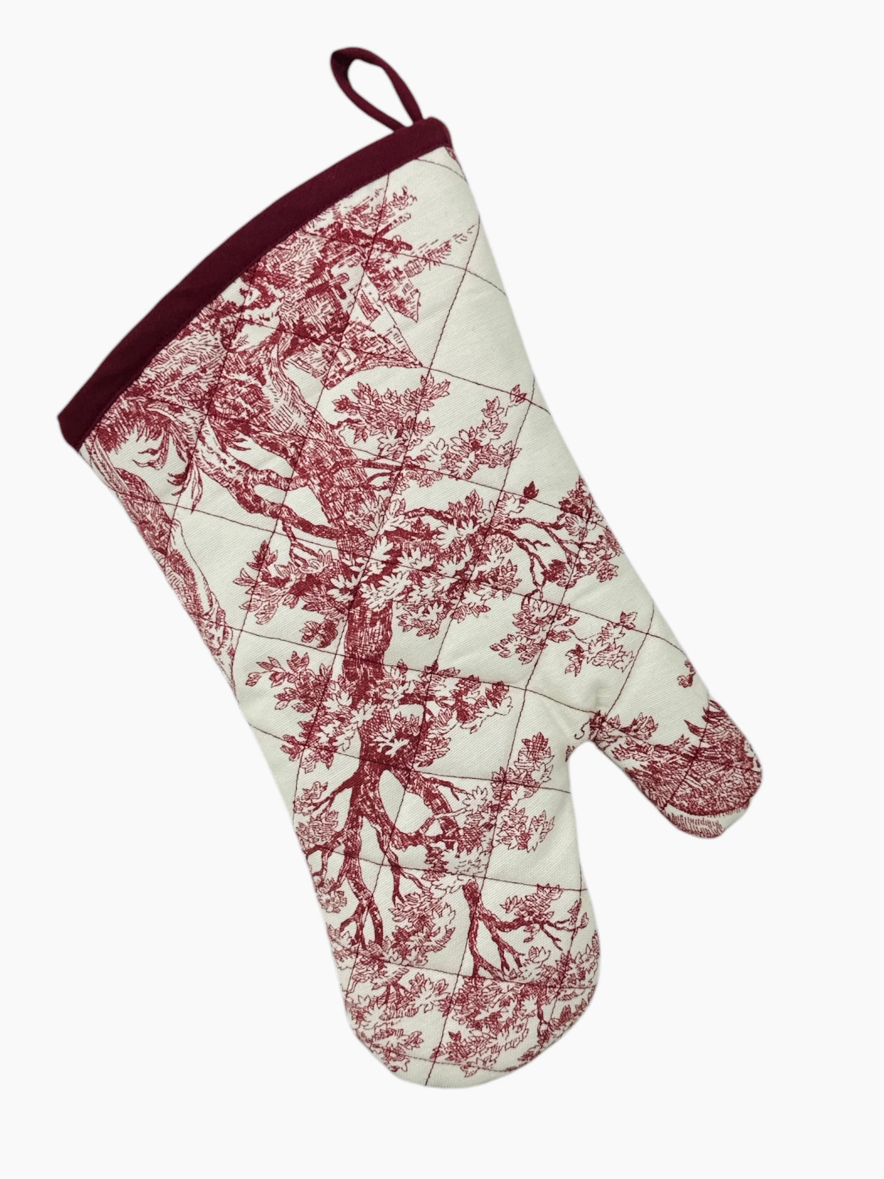 TOILE DE JOUY OVEN MITT & POT HOLDER SET BURGUNDY